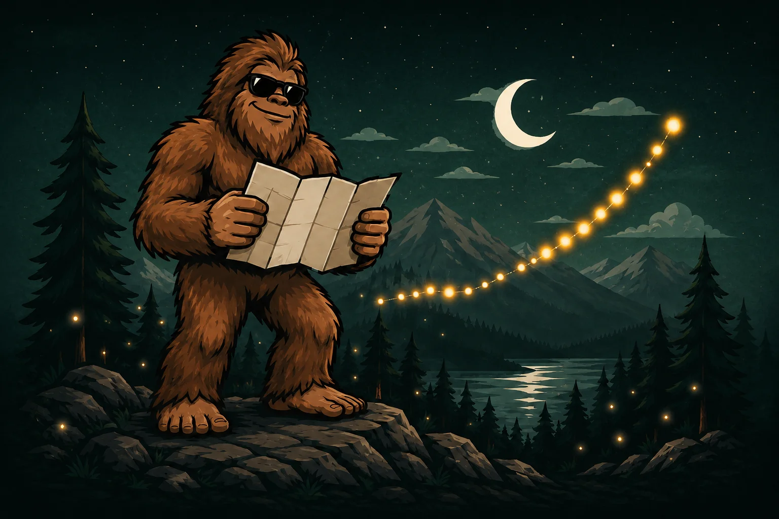 Squatch reading a trail map while fireflies trace an upward curve