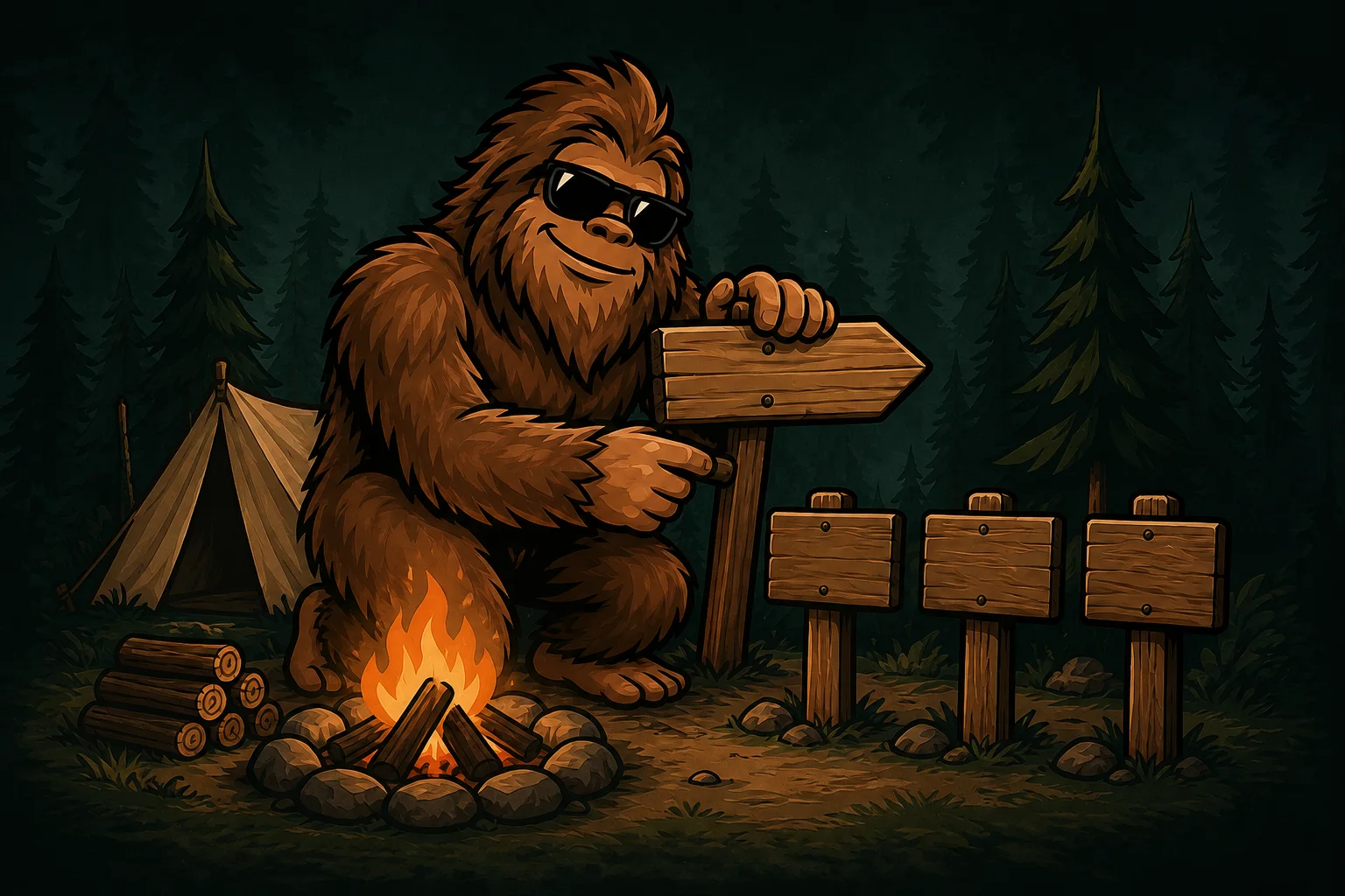 Squatch arranging blank wooden trail signs beside a campfire