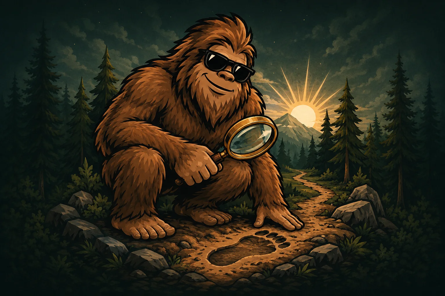 Squatch examining a footprint beside a mountain trail