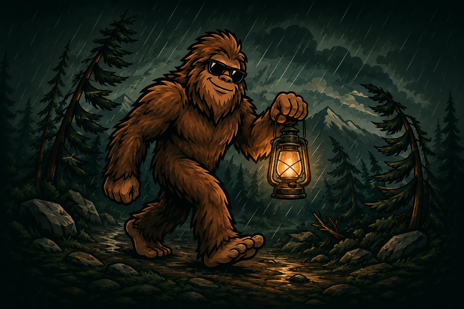 Squatch carrying a glowing lantern through a mountain storm